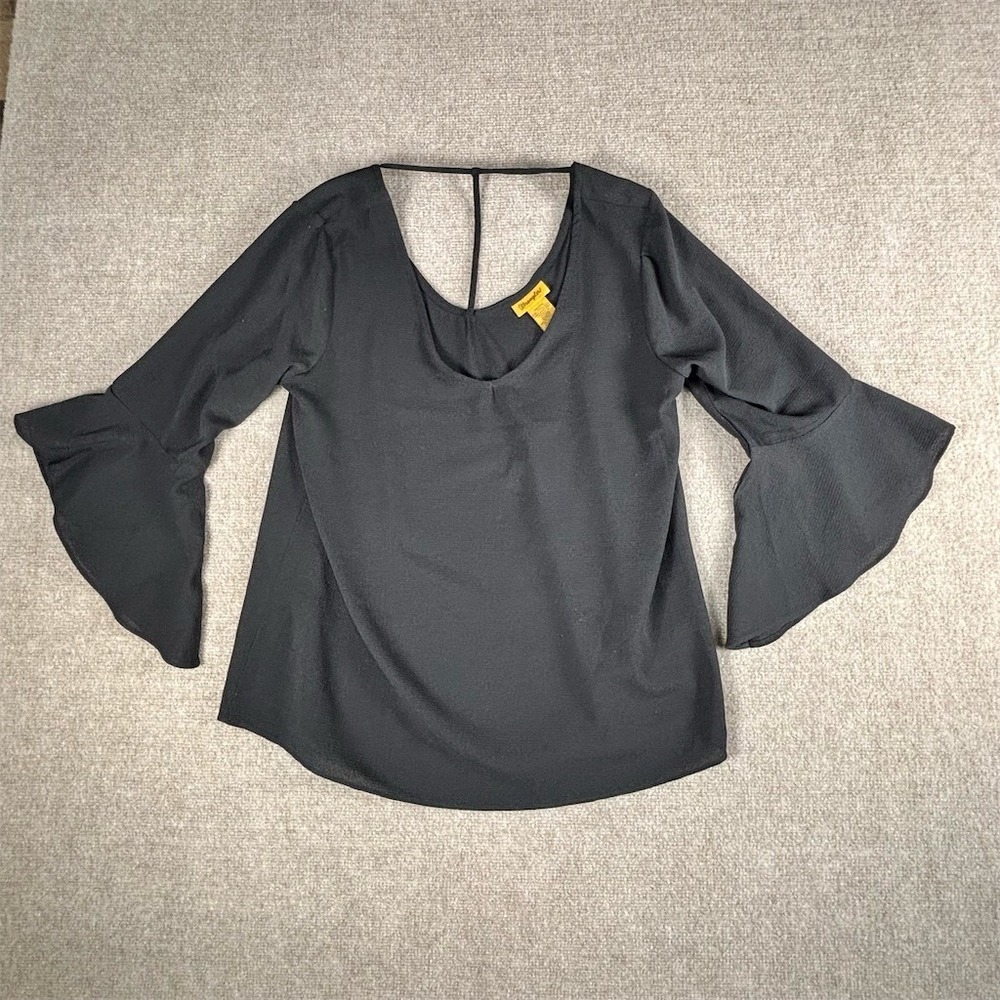Wrangler Blouse Womens 2XL Black Scoop Neck Bell‎ Sleeve Keyhole Back Top